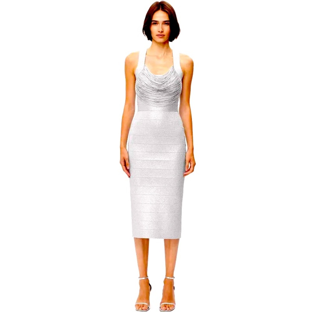 Hervé Léger
Disco Knit Fringe Bandage Midi Dress Silver
- small NWT